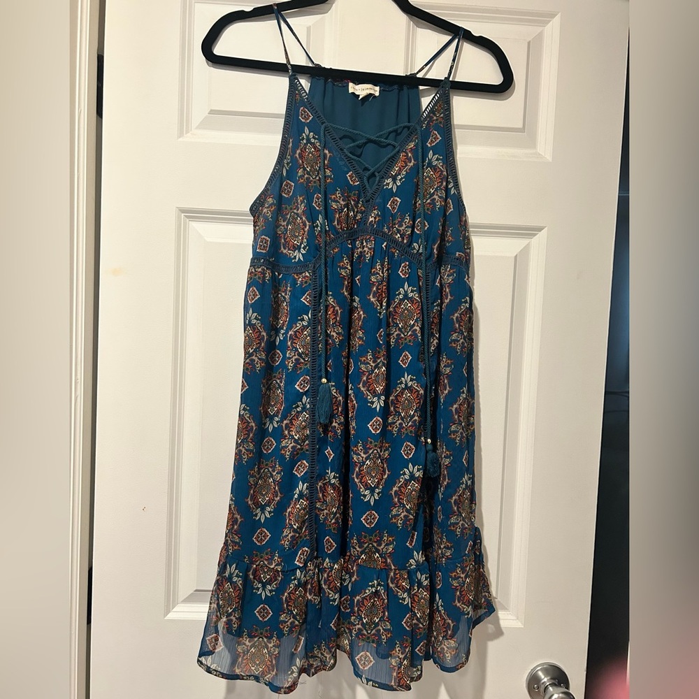 Coco + Jaimeson Bohemian Festival Print Lined Teal Mini Dress Tunic Tank Top - Picture 2 of 14